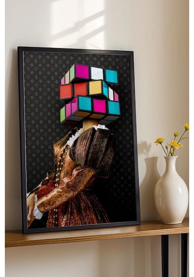 Rubik Küpü Kafalı Kadın Çerçeveli Tablo Rönesans Tarzı Renkli Küp Başlıklı Modern Ofis Dekoru Modifiye Sanat