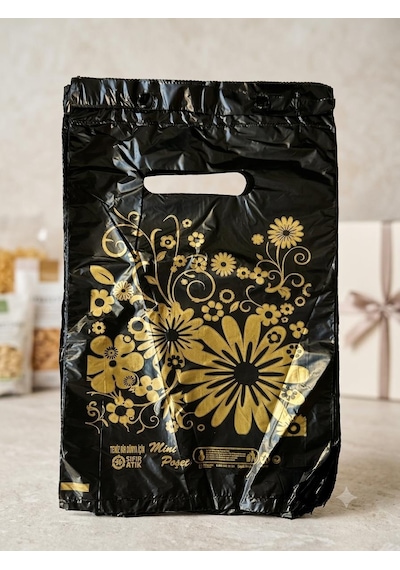 Omeyva Baskılı El Geçme Blok Poşet Torba - No : 3 - 30x50 Cm. - Siyah - 500 Adet