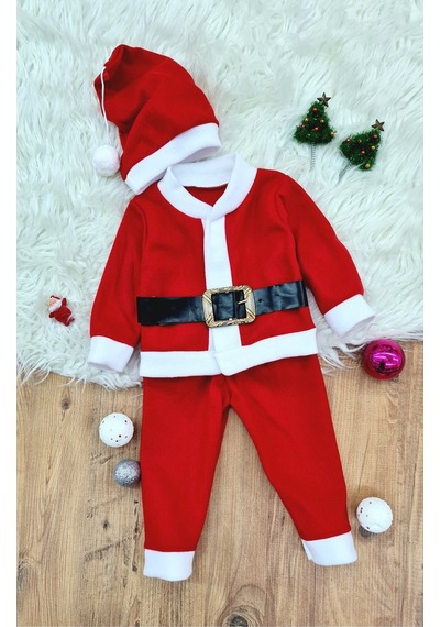 Royaleks Erkek Çocuk Noel Baba Yılbaşı Kostümü Şapkalı Kemerli Bebek Kostümü Kırmızı