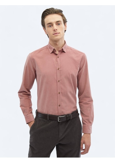 Kip Pembe Fitilli Regular Fit Dokuma Kadife Casual %100 Pamuk Gömlek