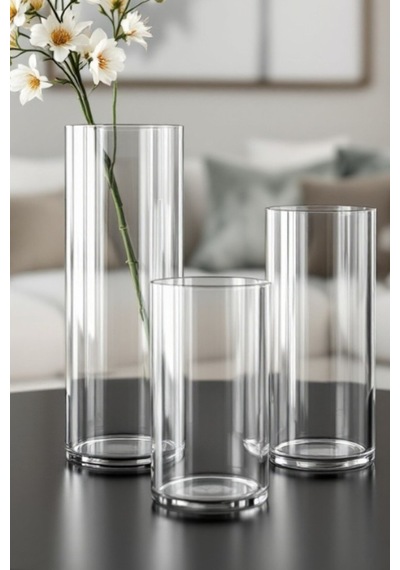 10 Çap - 15-20-25 Cm Yüksek Kalite Cam Silindir Vazo 3lü Set El İşçiliği Beyaz
