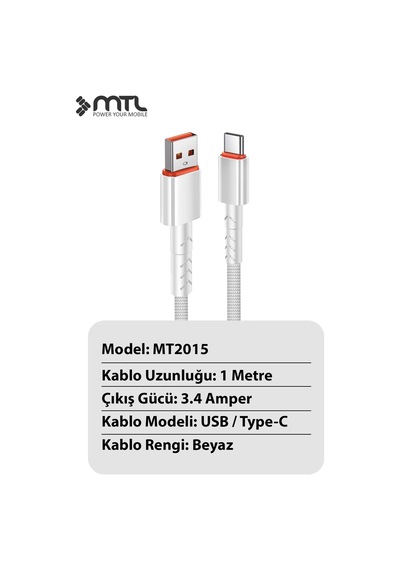3.4a Usb To Type-c Hızlı Şarj Ve Data Kablosu Hasır 1 Metre Beyaz Mt2015