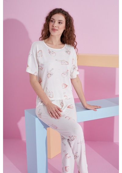 Siyah İnci Likralı Örme Pijama Takım 7800 Beyaz Kalp