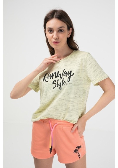Brz Collection Sarı Renk Siyah Kırçıllı Kadın Kısa Kollu T-Shirt Sarı