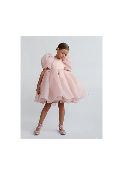 Lilymoon Çocuk Balon Kollu Organze Kristal Tüllü Abiye Pembe