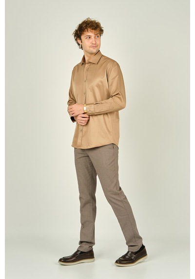 Figs Erkek Slim Fit Uzun Kollu Pamuklu Parlak Kumaş Gömlek 0013 Camel Camel