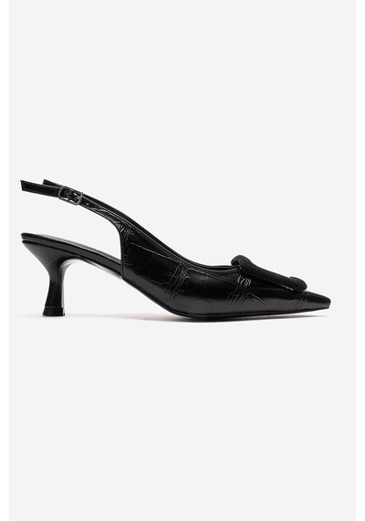 Luvishoes Dublın Siyah Baskı Tokalı Kadın Topuklu Ayakkabı Siyah