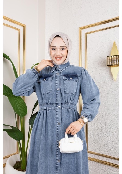 Harman Butik Kadın Düğmeli Cepli Kot Elbise Mavi Mavi