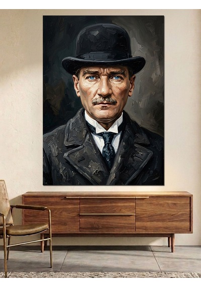 Melon Şapkalı Mustafa Kemal Atatürk Portresi Dekoratif Kanvas - Mdf Ahşap Tablo Çok Renkli