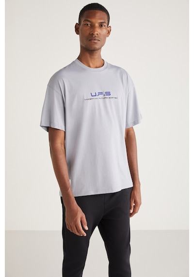Grımelange Crıspın Erkek Bisiklet Yaka %100 Pamuk Baskı Detaylı Açık Gri T-shirt