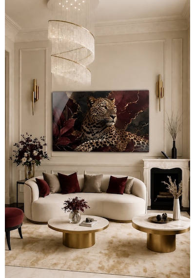 Leopar Temalı Temperli Cam Tablo Siyah Bordo Altın Detaylı Vahş