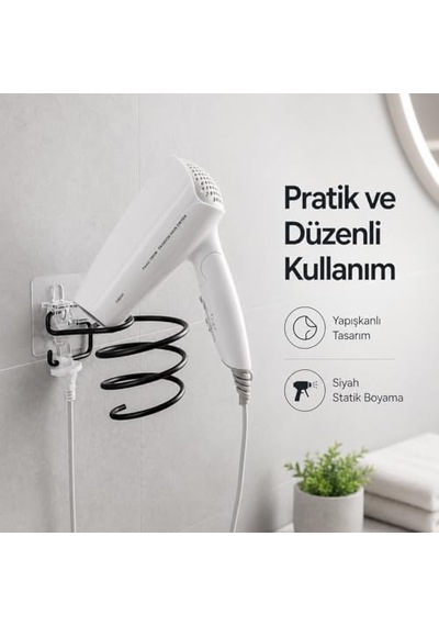 Tr Yapışkanlı Siyah Fön Makinesi Askısı, Delmeden Montajlı Saç Kurutma Makinesi Tutucu, Şeffaf Tabanlı Banyo D Diğer