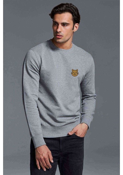 Cat Emoji Heart Smile Baskılı Gri Erkek Örme Sweatshirt
