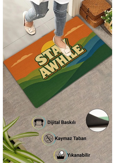 Valerine Life Retro 70 Ler Stay Awhile Dijital Baskılı Ev Ofis İşyeri Dış Kapı Önü Paspası 45x70cm Kahverengi