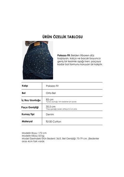 Kadın Koyu Mavi Puantiye P-1w6-11 Palazzo Fit Özel Tsarım Denim Jean