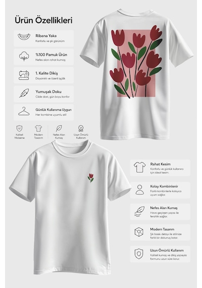 Spoyi Lale Bahçesi Tasarımlı %100 Pamuk Yarım Oversize Beyaz T-shirt