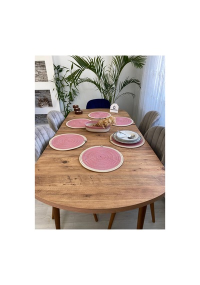 Jüt Hasır Amerikan Servis Supla Ve Sepet 7 Parça Pembe Krem Pembe Krem