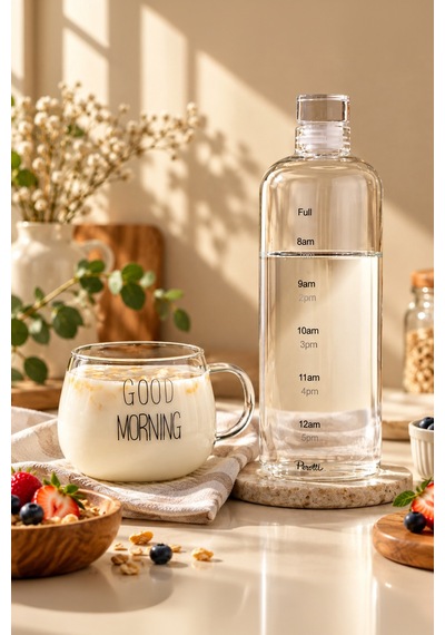 Porsima Motivasyon Saat Çizgili Cam Başucu Sürahisi Ve Good Morning Yazılı Borosilikat Kupa Seti 1000 Ml Sürahi + 400 Ml Kupa