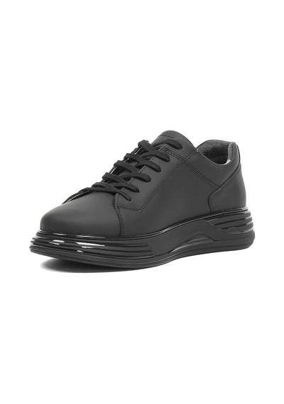 Erkek Siyah Bağcıklı Kalın Tabanlı Mat Deri Sneaker Mat Siyah