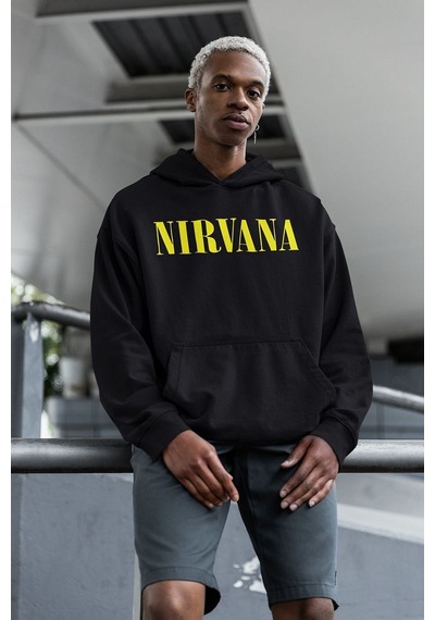 Sevbano Nirvana Yazılı Unisex Oversize Tasarım Hoodie Siyah