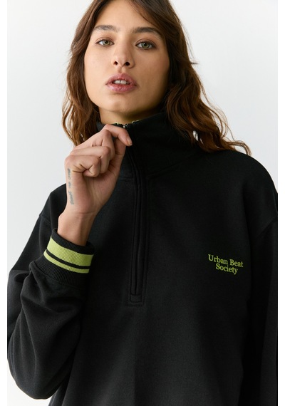 Urban Beat Natan Kadın Dik Yakalı Fermuarlı Baskı Detaylı Relaxed Siyah Sweatshirt Siyah