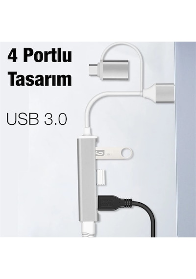 Ally A-806 4in1 Type-c + Usb Girişli Usb 3.0 Çoğaltıcı Hub Adaptör Çevirici- 5775