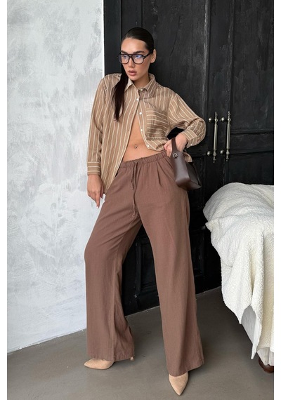 Madmext Camel Çizgili Cepli Kadın Gömlek Mg2345 Camel