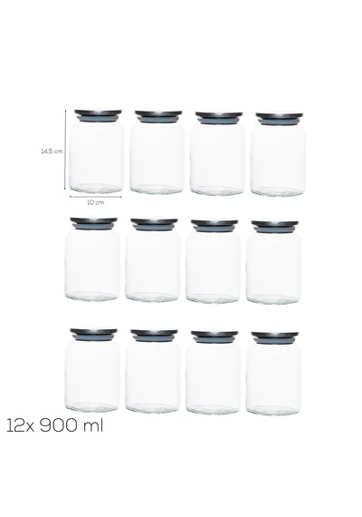Porsima 4402 Bormio Metal Kapaklı 12li Cam Kavanoz Seti Vakum Kapaklı Saklama Düzenleme Kabı Seti 900ml Şeffaf