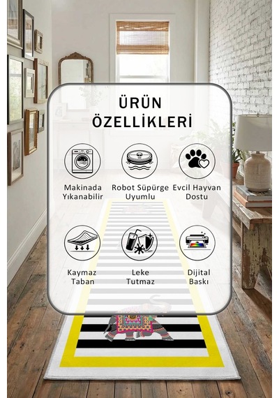 Filsiz Sarı Beyaz Dijital Baskılı Kaymaz Yıkanabilir Yolluk