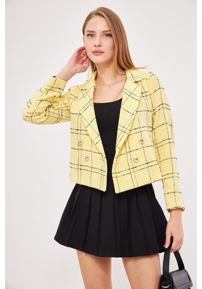 Armonika Kadın Sarı-siyah Kruvaze Yaka Tüvit Crop Ceket Arm-24k001014