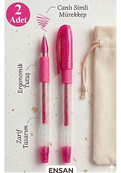 Pembe Simli Jel Kalem 1.0mm 2 Adet Akıcı Yazım Pensan Simli Jel Kalem Tükenmez Simli Kalem Simli Pilot Kalem Canlı