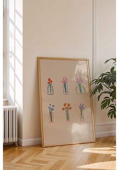 Çiçek Buketleri Dekoratif Poster Tablo Ahşap Çerçeveli