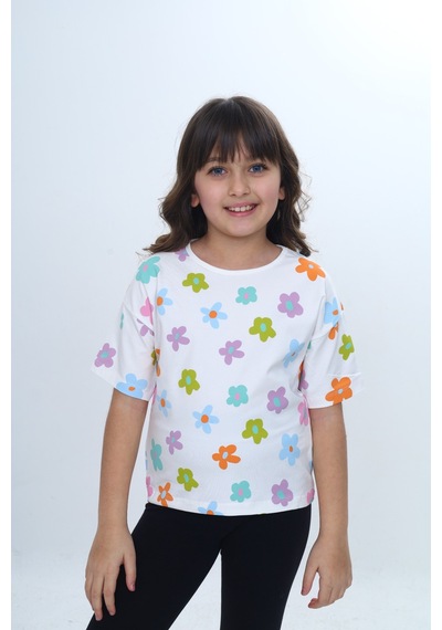 Toontoy Kids Toontoy Kız Çocuk Bisiklet Yaka Kısa Kollu Baskılı Tişört 24980 Ekru