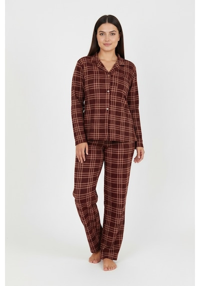 Bravie Luxury Soft Kahverengi Ekose Desenli Uzun Kollu Kadın Pijama Takımı Büyük Beden 3009 Kahverengi