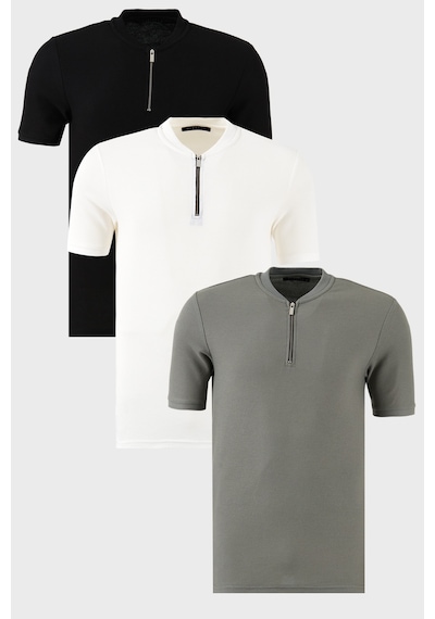 Buratti Pamuklu Regular Fit Yarım Fermuarlı Kolej Yaka 3'Lü Paket Erkek T Shirt 5902653S3 Siyah-Beyaz-Açık Haki
