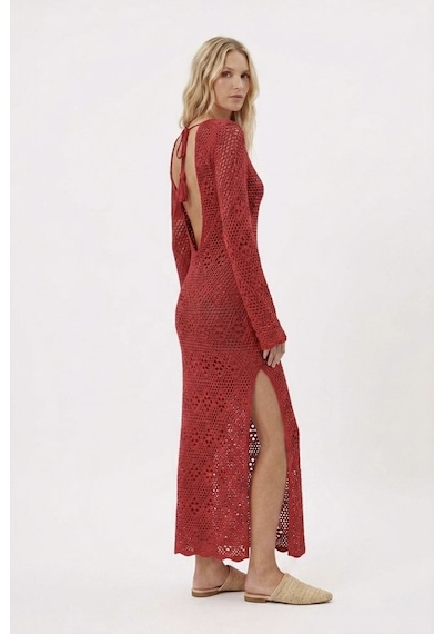 Neden Tekstil Ajurlu Sırt Dekolteli Uzun Beachwear Elbise - Kırmızı