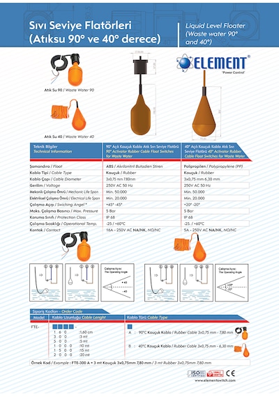 Element Fte-2000a 20 Metre 90 Atık Su Kauçuk Kablolu Seviye Flatörü