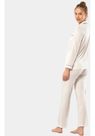 Türen Düz Uzun Kollu Gömlek Yaka Pijama Takım 3365/ekru 001
