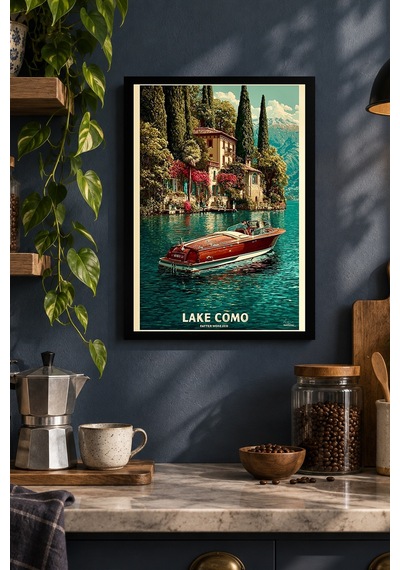 Göl Ve Tekne Vintage İllüstrasyonu Desenli Dekoratif Mdf Tablo, Çerçeve Görünümlü Ahşap Poster