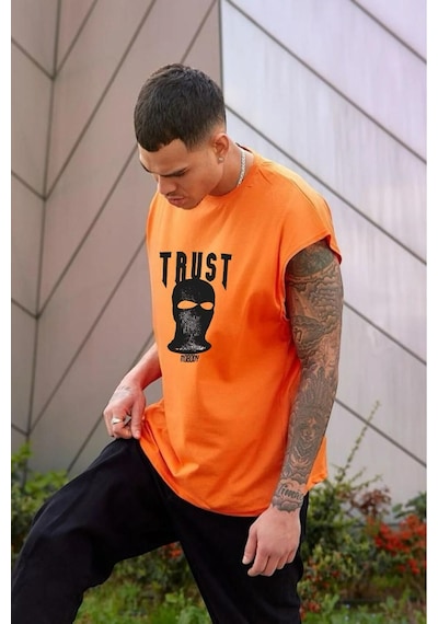 Trust Baskılı Oversize Unisex Kolsuz Tişört Turuncu