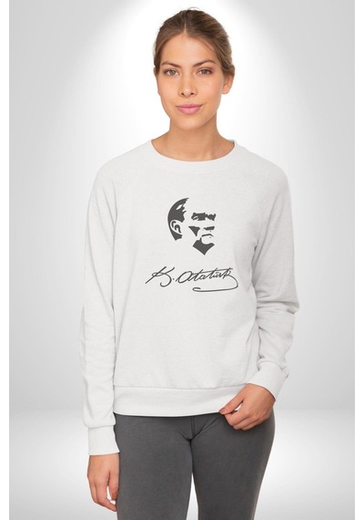 Kemal Atatürk İmza Ve Silüet Kadın Erkek Beyaz Baskılı Sweatshirt Beyaz
