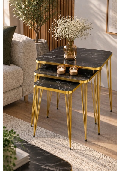 Sulorahome Ceviz Desenli Gold Metal Ayaklı 4'lü Sehpa Seti Altın - Kahverengi