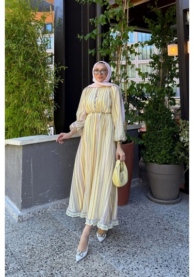 Riella Butik Nelia Düğme Detaylı Balon Kol Tesettür Elbise Sarı