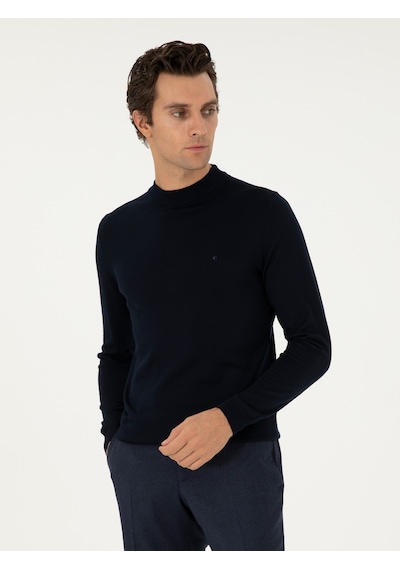 Cacharel Lacivert Slim Fit Yün Karışımlı Çeyrek Balıkçı Yaka Basic Triko Kazak