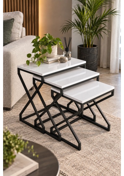 Sulorahome Modern Zigon Sehpa Seti Beyaz Ve Siyah Metal Ayaklı Beyaz Siyah Beyaz Renk- Siyah Metal Ayak