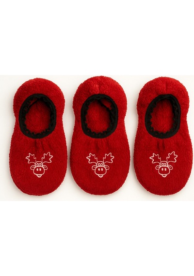 Ozzy Socks Kadın Kırmızı Geyik Desenli Uyku Patik Çorap 3'lü Paket Kırmızı