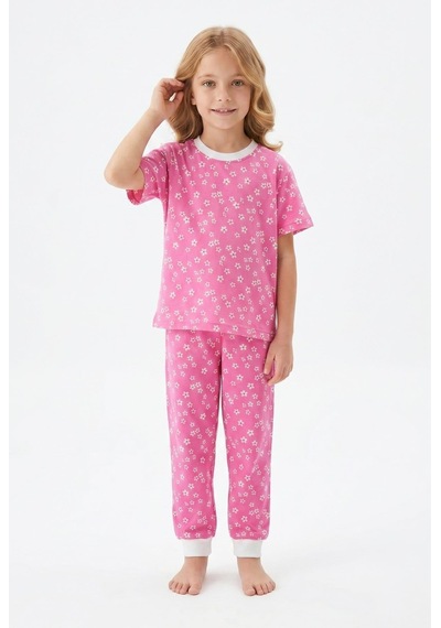 Bunny Hopp Kız Çocuk Pijama Takımı %100 Pamuk Çiçek Desenli Yazlık Kısa Kollu Fuşya