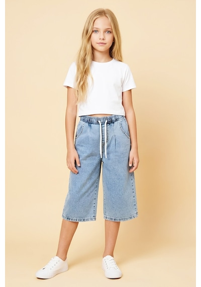 Modanino Kız Çocuk Beli Lastikli Ve Kordonlu Kapri Jean Pantolon 5-15 Yaş 12719sk Mavi