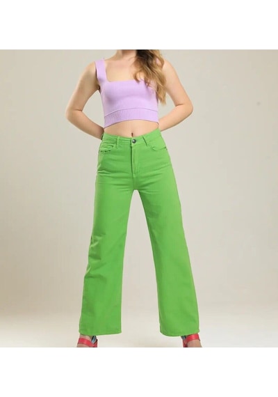 2020 Kadın Likrasız Palazzo Jeans Kot Denim Pantolon Açık Yeşil