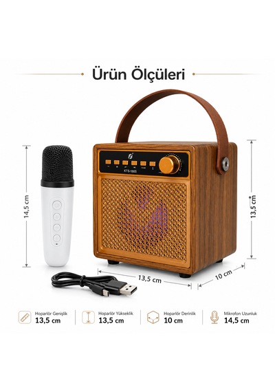 Kts-1865 3 Ahşap Hoparlör Kablosuz Mikrofonlu Taşınabilir Karaoke Sistemi Party Box Eğlence Paketi